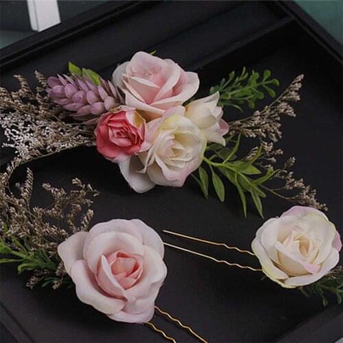 1Set Bridal Dried Flower Handmade Headdress Lace Hairpins Simulation Rose Flower Headwear Elegant Hair Jewelry Wedding Supplies