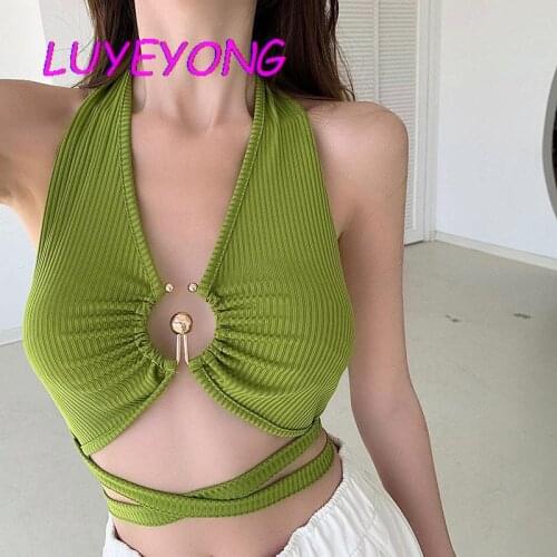 Lace Up Deep V Neck Girl Criss-cross Backless Camisole Black Green Lady Sexy Hollow Out Camis Halter Metal Rings Harajuku Tops