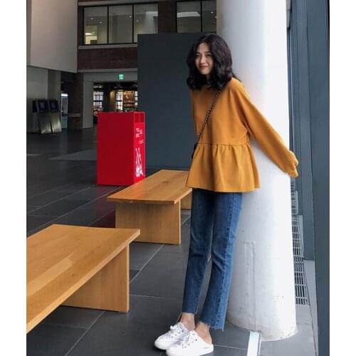Womens Ladies Loose solid color long-sleeved T-shirt Skirt tops