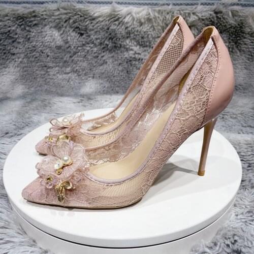 Pink black flower decoration pointed toe 12cm 10cm 8cm high heels work party shallow fashion elegant women pumps SJ005 ROVICIYA