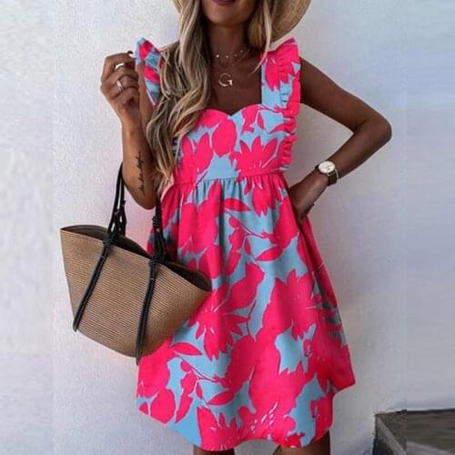 Casual Women Short Butterfly Sleeve Party Dress Summer Square Collar A-Line Sundress Ladies Printed Beach Dresses Vestidos
