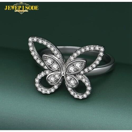 Jewepisode Top Quality Butterfly 100% Solid 925 Sterling Silver Created Moissanite Gemstone Wedding Engagement Ring Fine Jewelry