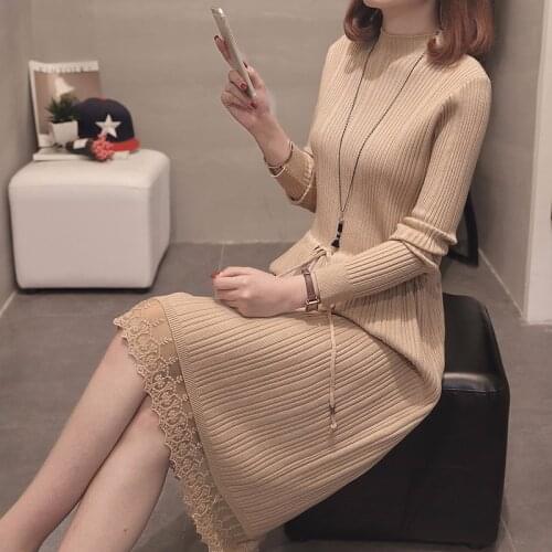 Winter Dress Women 2019 Fall High Neck Knitting Pullovers Clothes Adjustable Waist Turtleneck Long Sleeve Lace Sweater Dress