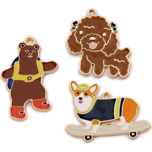 10Pcs/lot Cartoon Skateboard Corgi Poodle Dog Enamel Mini Charm DIY for Necklaces Pendant Earring Charms Handmade Jewelry Make