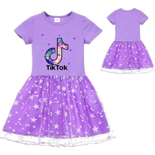 Kids Girls Short Sleeve Clothes Fashion TIK TOK Pattern Tutu Dress Kids Birthday Party Prom Summer Princess Vestidos
