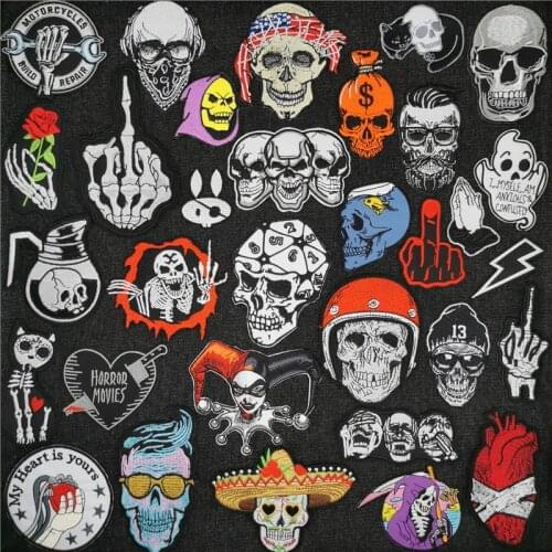 Skull Heart Patches For Clothing USA Anime Sewing Badge Ghost Poker Applique Sticker Punk Hippie Embroidered Patch on Clothes
