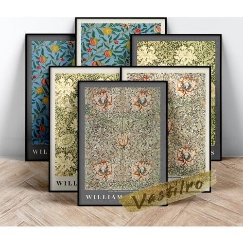William Morris Exhibition Museum Poster, Morris Pomegranates Fruits Patten Art Prints, Fabric Textured Background Wall Picture