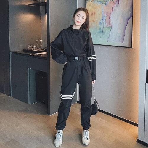 Long Sleeve Black Hooded Jumpsuits for Women Streetwear Gothic Hip Hop Loose Harem One Piece Pants Set Overalls Spring Fall AD73