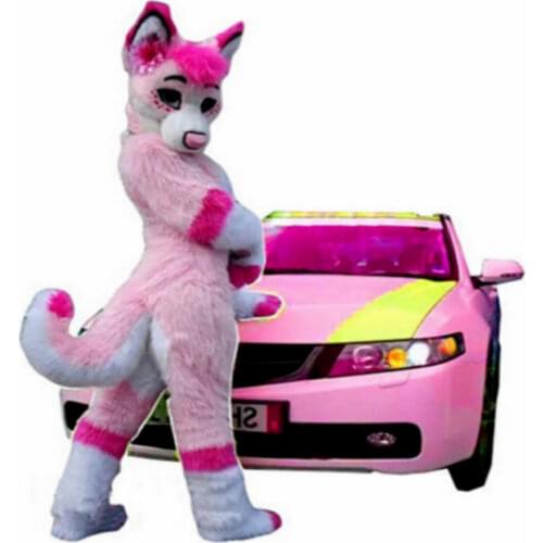 Long Fur Fursuit Wolf Fox Pink Husky Dog Mascot Costume Suit Adult Cosplay Party Game Dress With Fan Halloween Decorations New