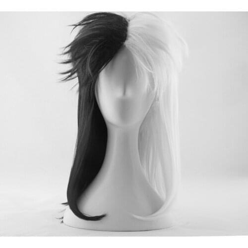 Cruella Deville De Vil Wig Half White Half Black Heat Resistant Hair Cosplay Costume Wig + Wig cap