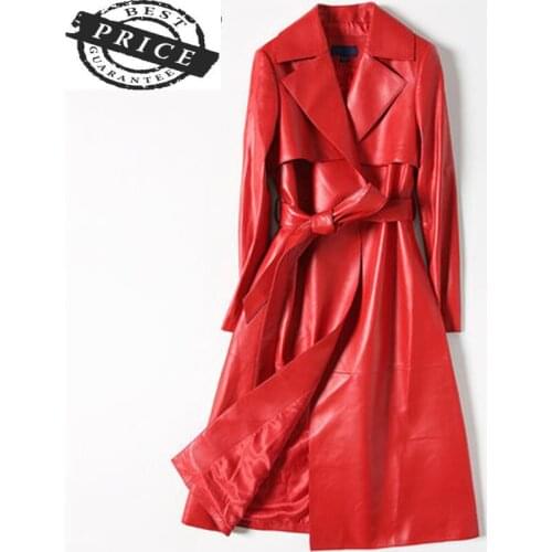 Genuine Leather Jackets Women Natural Sheepskin Coat Female Real Leather Belt Clothes Spring Long Korean Overcoat LWL152a