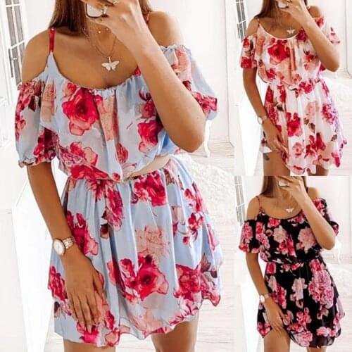 Summer Dress Women Robe Femme Print Ruffles A-Line Dresses Hollow Out Sling Short Sleeve Mini Dress For Woman Vestido De Mujer
