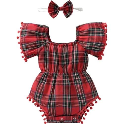Citgeett Summer Christmas Lovely Infant Baby Girls Rompers Headband Plaid Printed Tassel Short Sleeve Off Shoulder Jumpsuit