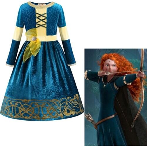 New Winter Long Sleeve Halloween Merida Princess Dress+wig Kids Disguise Halloween Child Girl Carnival Cosplay Costume