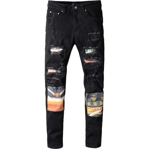 New Mens Mmale Street Fashion Personality Casual New Black Patch Hole Beggar Jeans Young Men Stretch Slim Denim Pants 653
