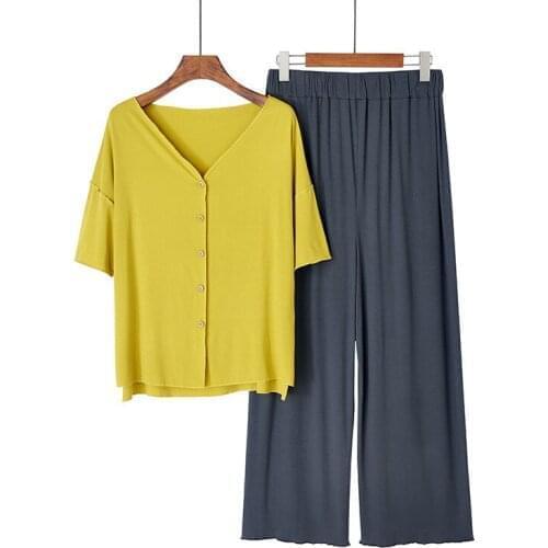 New Contrast Color Pajamas Short Sleeve Wide Leg Pant 2 Piece Set Lounge Cardigan Home Wear Summer Pyjamas Women Pijama Mujer