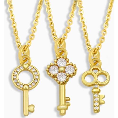 FLOLA Small Key Necklace For Women CZ Micro Pave Rhinestone Pendant Necklace Cubic Zirconia Gold Plated Jewelry Gifts nket95