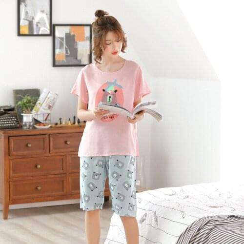 Pajamas Women Summer Short-sleeved Cotton Silk Pants Korean Style Cute and Fresh Student Thin Plus Size Pajamas Home Service Set