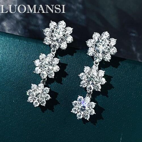 Luomansi Luxury 3 Flower Full Diamond Earrings Female High Carbon Diamond S925 Sterling Silver Pendant Earrings Wedding Party