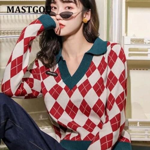 MASTGOU Vintage Argyle Knit Womens Sweater CHIC Polo Collar Pulolvers Top Korean Female Jumper Autumn Winter Christmas Sweaters