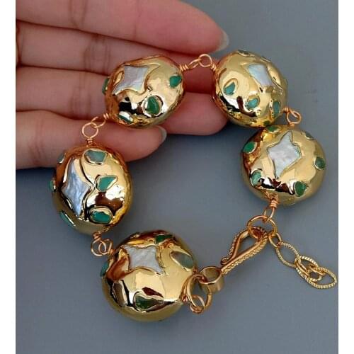 YYGEM Star Shape White Freshwater Pearl Pave Green Chrysoprase chips Gold color Edge Nugget Wrap Bracelet 8"