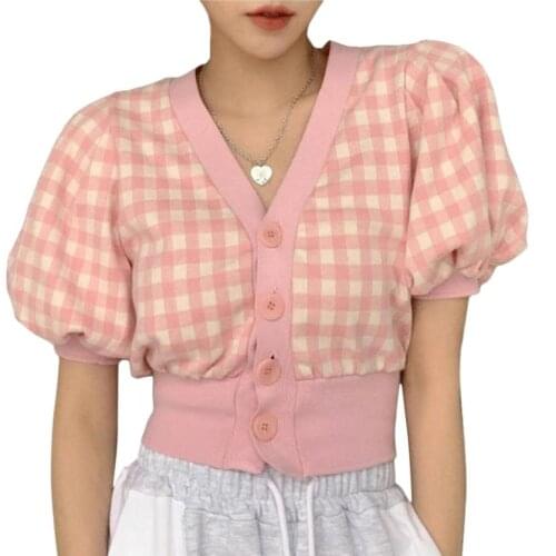 Women Plaid Crop Tops, Adults Button-down Color Block Puff Sleeve V-neck Cardigan