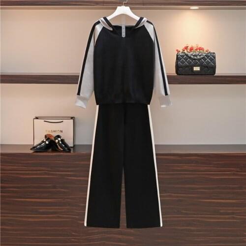 New Arrival Autumn Winter Knitted Two piece Set Casual Womens Pullovers Tops And Wide-Leg Pants Suits High Quality Hit Color