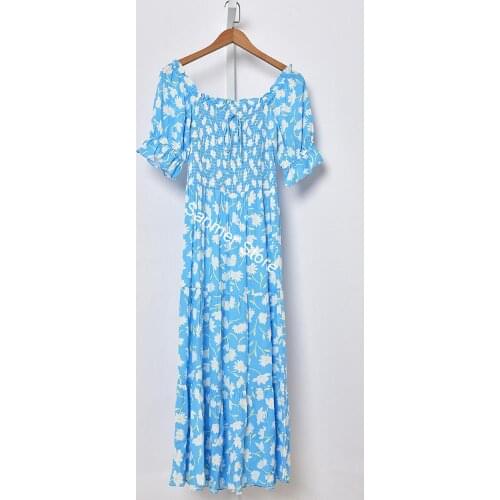 Women Mid-Calf Dress Square Collar Backless Ruffles Puff Sleeve Lace-up Female Casual Dresses