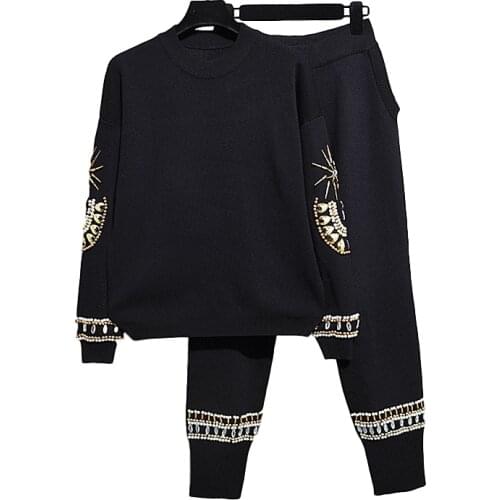 2020 Autumn Women Fashion Beading Embroidery Loose Long sleeve Knitted Sweater + Casual Knit Pants Two Piece Set Women Suit H718