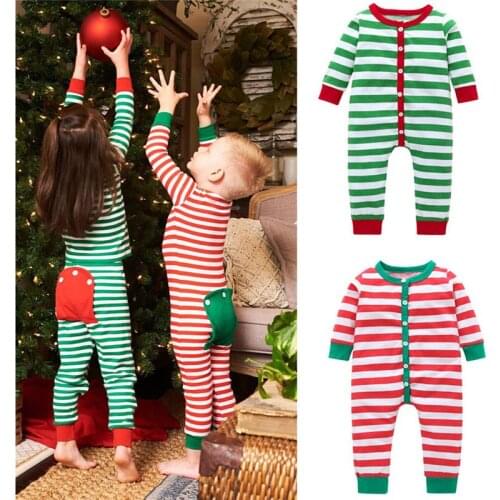 2021 Casuak Kids Baby Boy Girl Christmas Romper Comfy Striped Long Sleeve Back Pocket Cotton Jumpsuits Single Breasted Set 6M-3Y