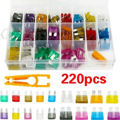 220Pcs /set Assorted Car Fuses Auto Truck SUV Fuses Mini Standard Blade Fuse Kits with Clip 2-35A Auto Replacement Parts