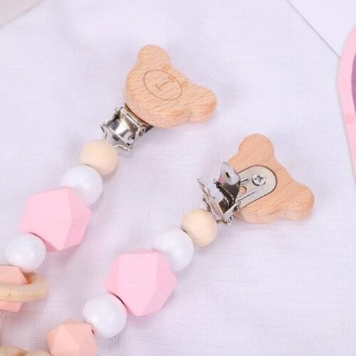 3 Pcs/Set Baby Pram Pendant Rattle Pacifier Chain Clip Bracelet Wooden Teether 425F
