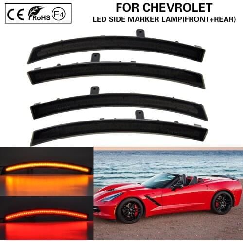 4pcs Front+Rear LED Side Marker Light SMOKE Lens Tinted Amber/Red US Version For Chevy Corvette C7 2014 2015 2016 2017 2018 2019