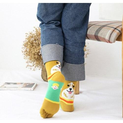 5 Pairs Women Winter Cartoon Dog Socks Female Cotton Five Finger Socks Mid-tube Fashionable 5 Toe Socks