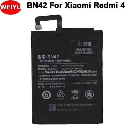 BN42 Battery For Xiaomi Redmi 4 (2G RAM 16G ROM Edition) For Xiao mi Hongmi 4 Bateria Batterij Accumulator 4000/4100mAh