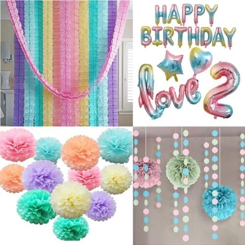 Unicorn Girls Party Rainbow Tissue Paper Circle Garlands Pom Poms Balls for Happy Birthday Balloons Banner Baby Shower DIY Decor