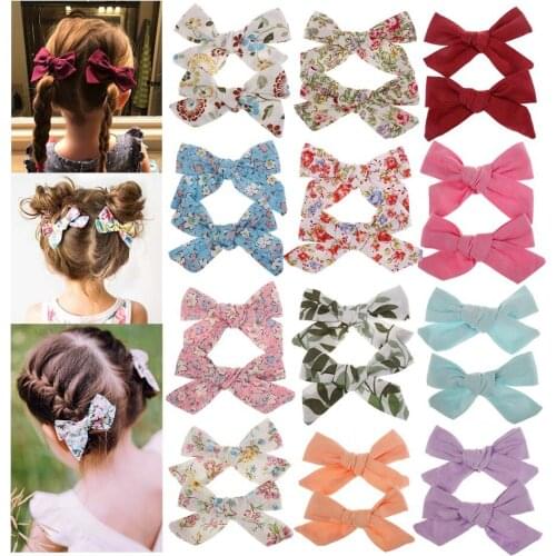 Floral Printing Cotton Hair Bows on Clip Trendy Little Girls Hair Clips Ponytail Hair Pin Cute Hair Styling Bowknot Accessories