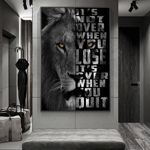 Inspirational Phrase on African Lion Head Canvas Art Posters and Prints Black and White Animals Paintings on the Wall Pictures