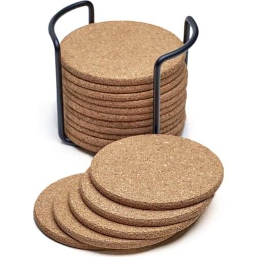 Quality Natural Cork Coasters With Round 16pc Set with Metal Holder Storage Caddy – 1/5inch Thick, Absorbent, Eco-Friendly, Heat