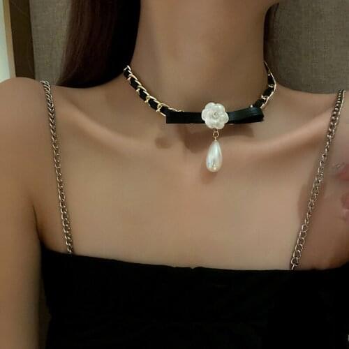 Leather chain pearl flower necklace metal personality temperament necklace retro fashion personality tide necklace for women