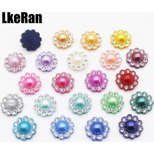 LKERAN 20Pcs 14mm Flower shape Plastic Rhinestone Buttons DIY Scrapbooking Resin Pearl Buttons Flat Embellishment Notions