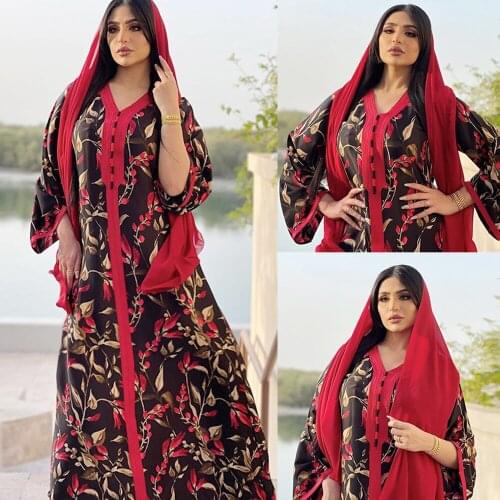 Moroccan Muslim Women Long Dress Arabic Abaya Islamic Clothing Ramadan Turkish Jalabiya Floral Print Dubai Kaftan Maxi Robe Gown