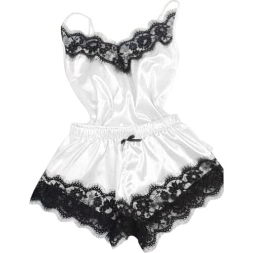 Fashion Womens Pajamas Set 2021 Home Suit Top and Shorts Sexy V-Neck Sleeveless Satin Lace Sleepwear Pijama Home Clothes