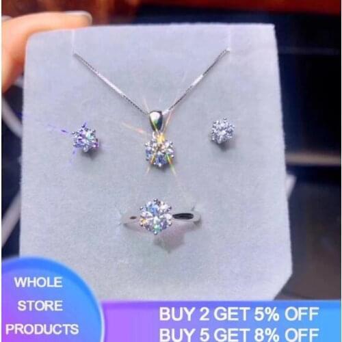 Original 925 Sterling Silver Ring&Earrings&Necklace Set Inlay 6mm 1.0ct Zirconia Diamond Jewelry Set For Women ST1263