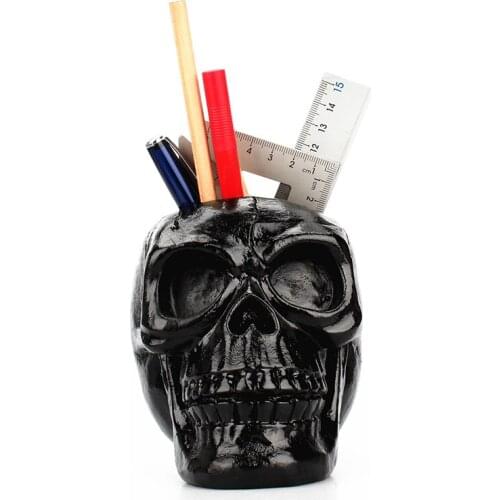 Black/Pink Skull Resin Pencil Holder Halloween Decorative Skeleton Head Stationery Desktop Storage Organizer Stand for Pens