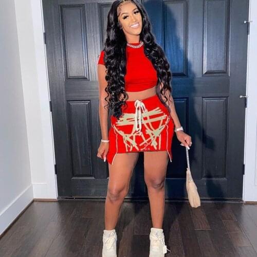 Printed Streetwear Two Piece Set for Women Dress Sets Summer Short Sleeve Crop Top Mini Skirt Suits Casual Matching Sets Outfits