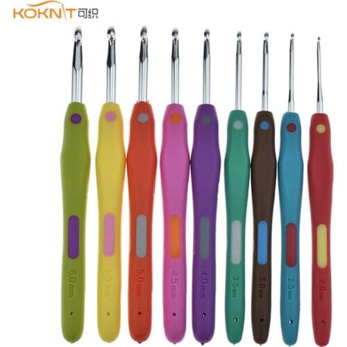 KOKNIT 9pcs Knitting Needles Hookc Soft Rubber TPR Handle Aluminum Knitting Needles For DIY Crafts Weaving Kit Loom Tool