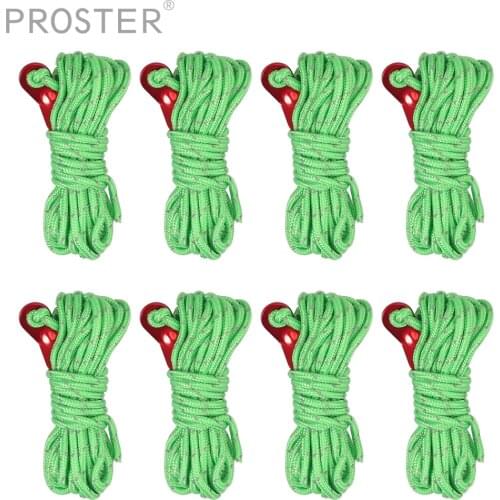 Proster 8PCS for Grass green reflective wind rope with Storage bag and two-hole wind rope buckle length 4M thickness 4MM