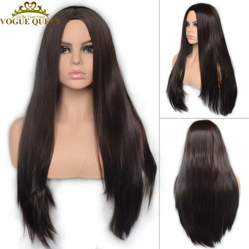Vogue Queen Dark Brown Synthetic Wig Silky Straight Natural Middle Part Heat Resistant Fiber Daily Wearing For Women