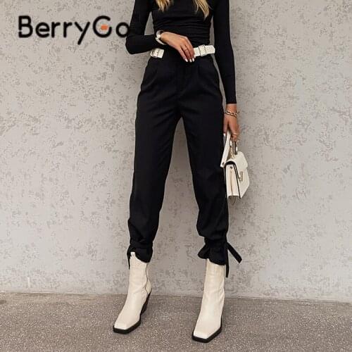 BerryGo Office lady pocket black harem pants autumn Casual elastic chain thin ladies bottoms Button up solid capri pants 2021